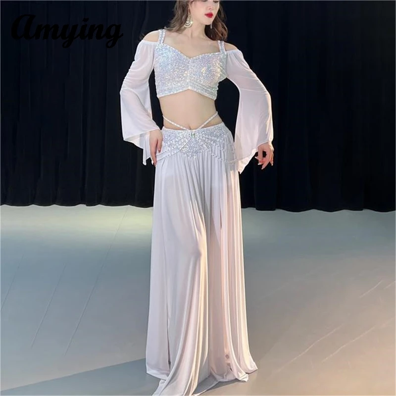 Tuta da danza del ventre da donna Costume da spettacolo di danza Costume da spettacolo per adulti Sexy maglia di paillettes abbigliamento da ballo indiano uniforme di classe di allenamento