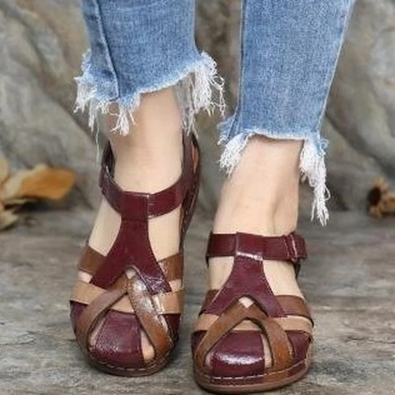 Fashion Retro Round Toe Wedge Cross Buckle Women\'s Sandals Outdoor Sports Beach Casual Designers Comfortable Shoes 2023