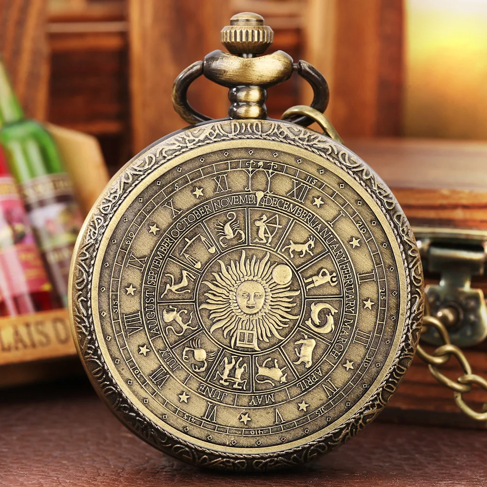 Gothic Vintage 12 Constellations Bronze Quartz Pocket Watch Retro Fob Chain Birthday Gift Pocket Timepiece Gifts Men Women