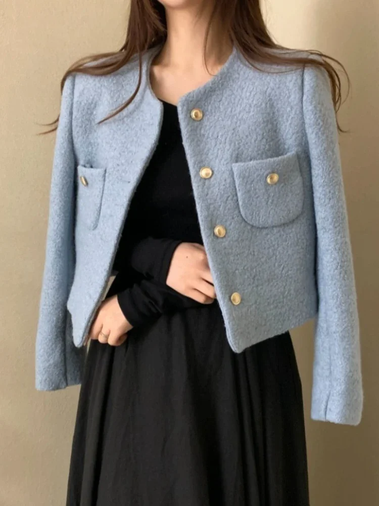 

Slim Women's Cardigan Korean Style Female Short Design Woolen Jackets Autumn Winter 2025 Long Sleeve O-neck Office Lady Coats