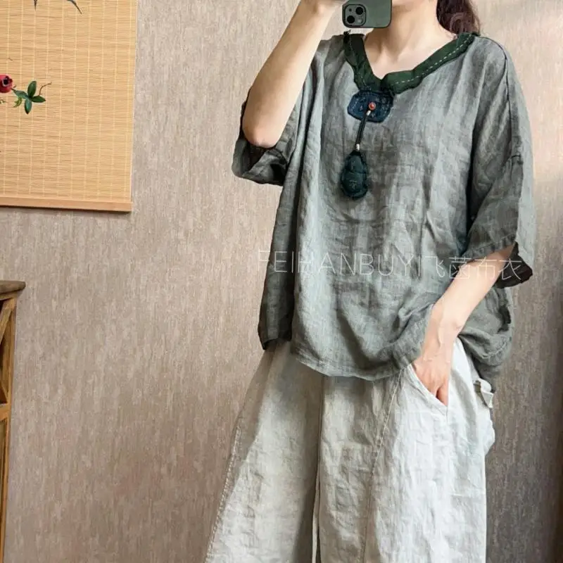 New Summer Arts Style Women Patchwork V-neck Gourd Pendant Embroidery Tshirt Vintage Cotton Linen Loose Tee Shirt Femme Tops