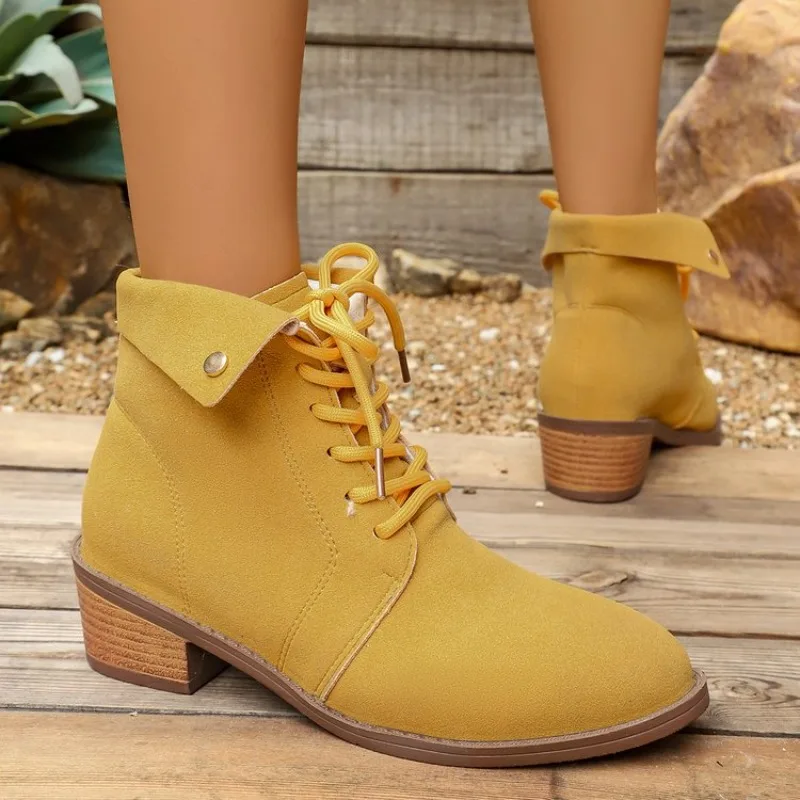 2026 Fashion Women's Ankle Boots Yellow Side Zip Lace Up Women Shoes New  Pointed Low Heels Boots