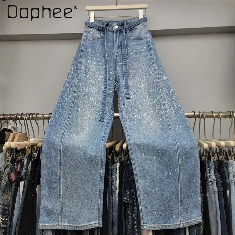 

Heavy Industry Starry Sky Rhinestone High Waist Scimitar Jeans for Women 2026 Spring New Fashionable Loose Wide-Leg Pants