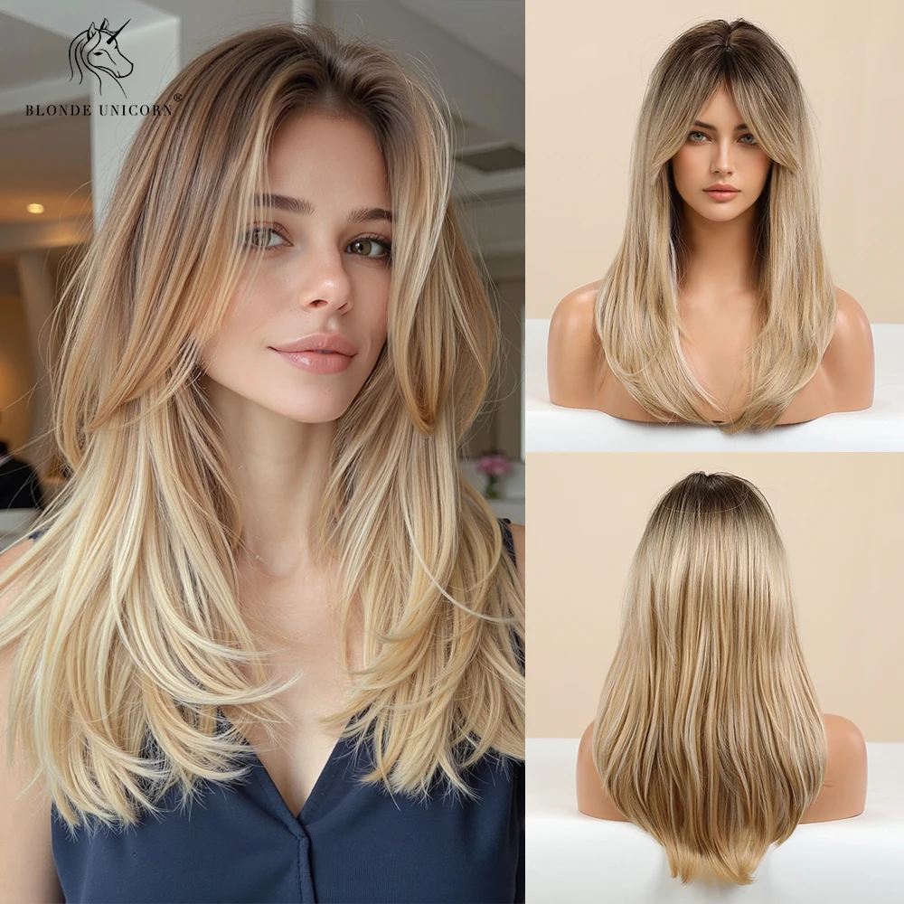Blonde goldbraune Ombre lange gerade synthetische Perücke für Frauen mit Vorhang-Pony, hitzebeständiges Haar für Frauen, tägliche Party – Detail 12