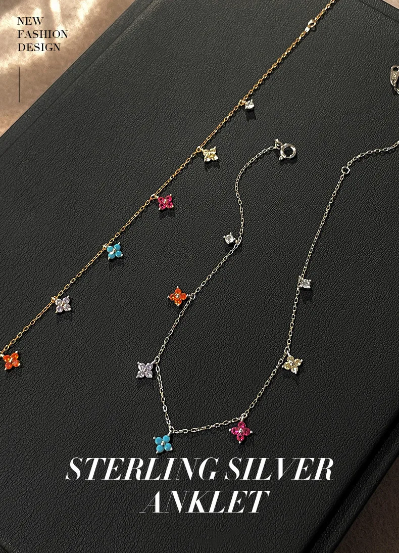 

S925 Серебряный позолоченный женский браслет с радужным клевером, нишевые красочные ювелирные изделия с цирконом