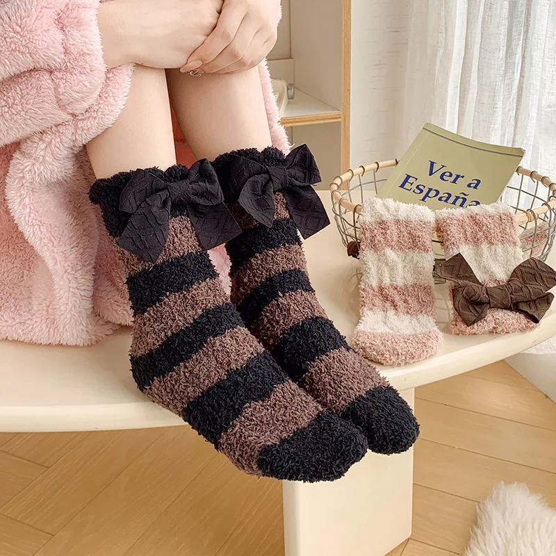 

Socks Women's Striped Lovely Bow Coral Velvet Mid-tube Winter Warm Sweet Home Sleeping Cute Soft Sock Korean Kawai Girls' Style