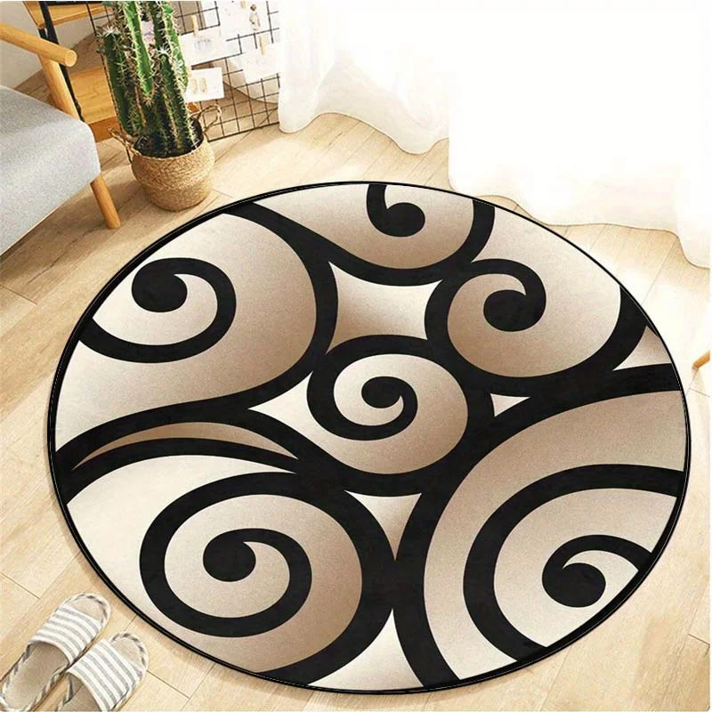 

1pc Modern Geometric Round Rug - Crystal Velvet for Living Room, Bedroom or Office Decor, Black and Beige Spirals