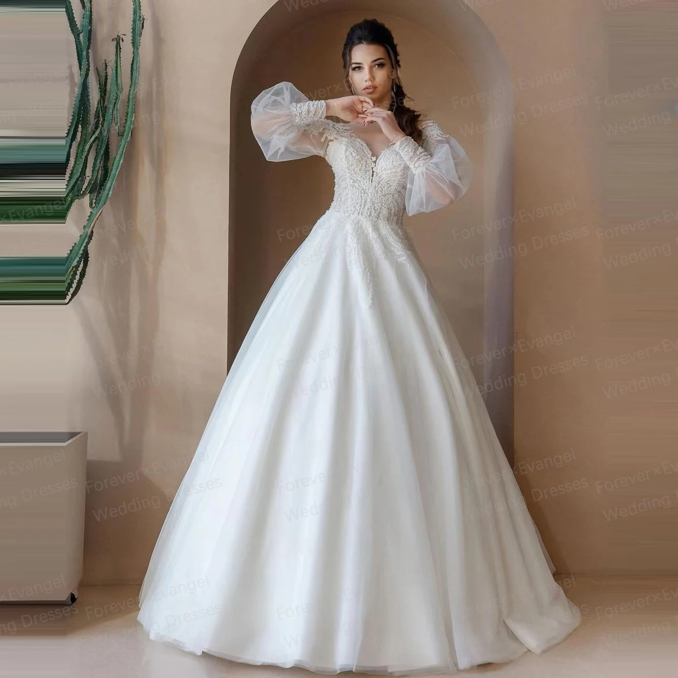 Elegant Appliques Wedding Dresses Woman's A Line Sexy Appliques Bride Gowns Backless Long Sleeve Formal Customized Vestido Noche