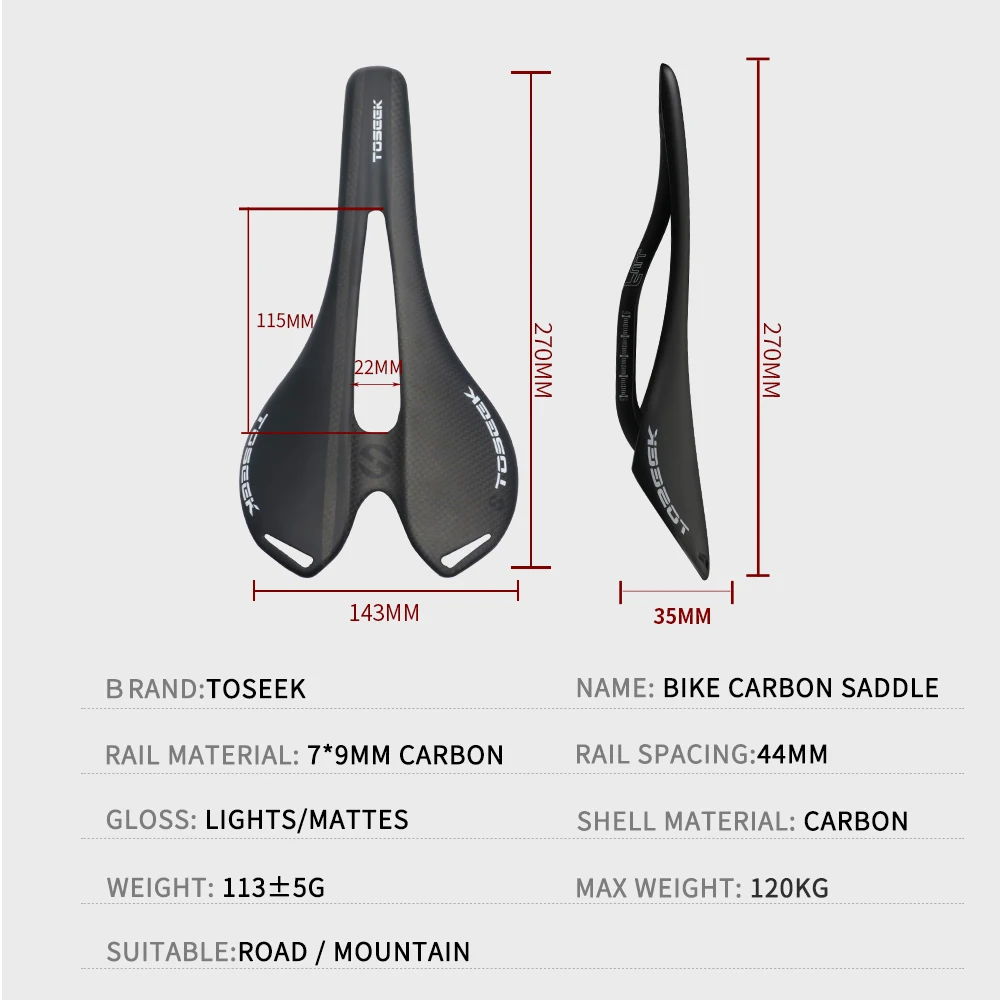 TOSEEK Full Carbon Fiber Bicycle Saddle Road Bike Carbon Saddle105G 7*9 Carbon Rail 8 Colour MTB Seat Bycicle Accesories