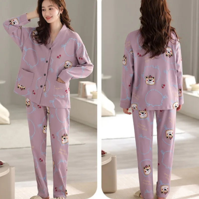 2024 New Double Sided Thickened Pure Cotton Pajamas Women's Spring Autumn Sleepwear Long Sleeved Casual Simple V-neck Homewear