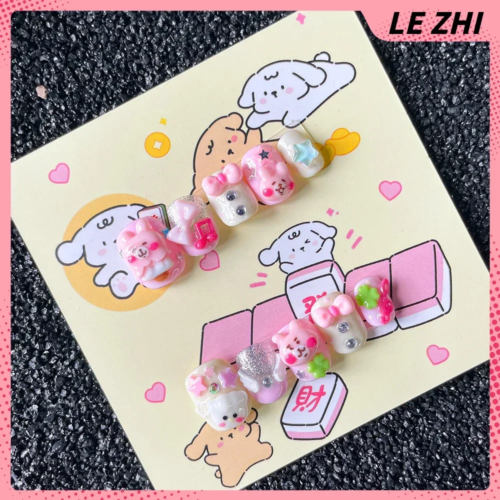 Pink French Short Portable Fake Nails Camellia Lace Wings Square Almonds Y2K Is Old-Fashioned Rilakkuma Cute Press On Nail Art