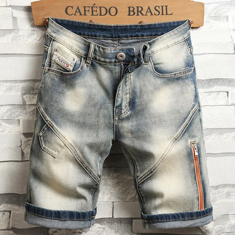 

2024 New Patchwork Retro Do the Old Cowboy Shorts Men's Summer High Street Fashion Brand Zipper Design Motorcycle Five-Point Pan