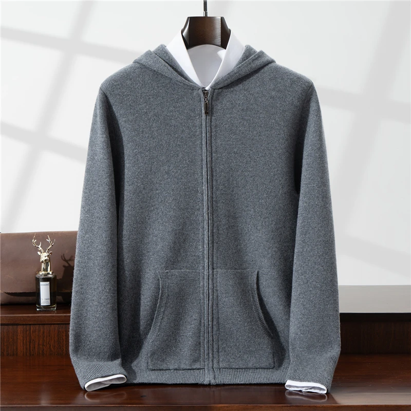 Thickened 100% Wool Coat Men's Knitted Long Sleeve Sweatshirt Autumn Winter Versatile Hooded with Pockets Loose Zipper Cardigan