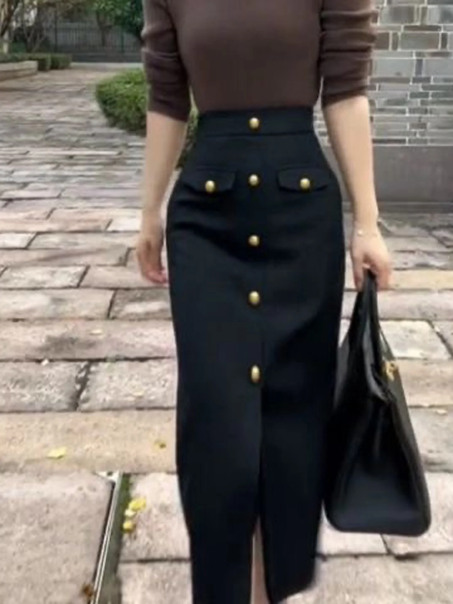 Fashionable Mature Black  Skirt Women's Autumn Winter New Single Button Design Slim Fit High Waist A-Line Skirt