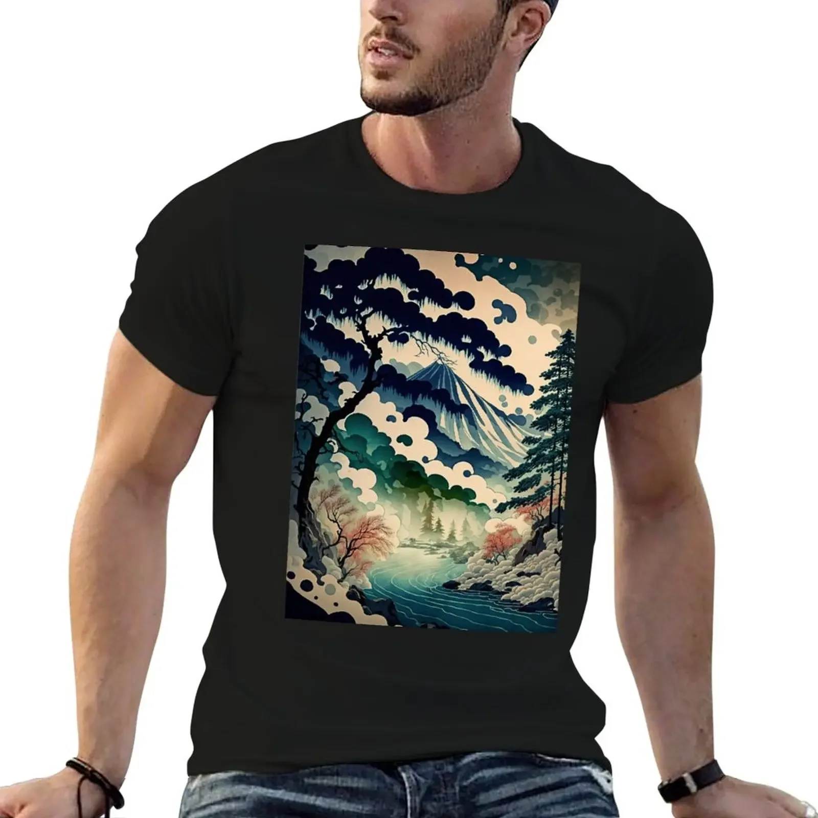 Ukiyo e style Landscape T-Shirt plain graphic t shirts oversized Anime t-shirt mens designer clothes