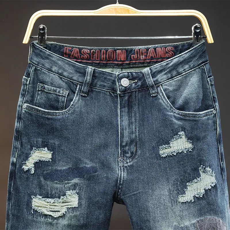 Jeans legal rasgado estampado masculino, casual e bonito, fino, longo, high-end, moda de rua, moda, novo, 2024