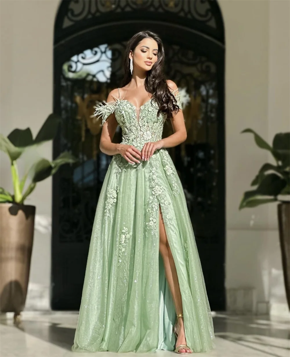 Bella Light Green Tulle Prom Dresses Lace Embroidery A-line vestidos de fiesta Elegant Sleeveless Side High Split Evening Dress