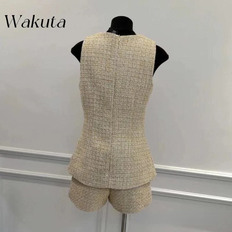 WAKUTA Vintage Round Neck Sleeveless Single Breasted Small Fragrance Sets Women\'s Yazhu Pian Vest Short Two Piece Matching Sets