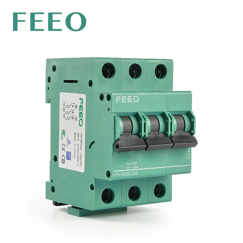 FFEO Din rail Solar MCB FPV-63 3P 750V 6A 10A 16A 20A 25A 32A 40A 50A 63A Mini DC electric Circuit Breaker TUV & CE Certificate