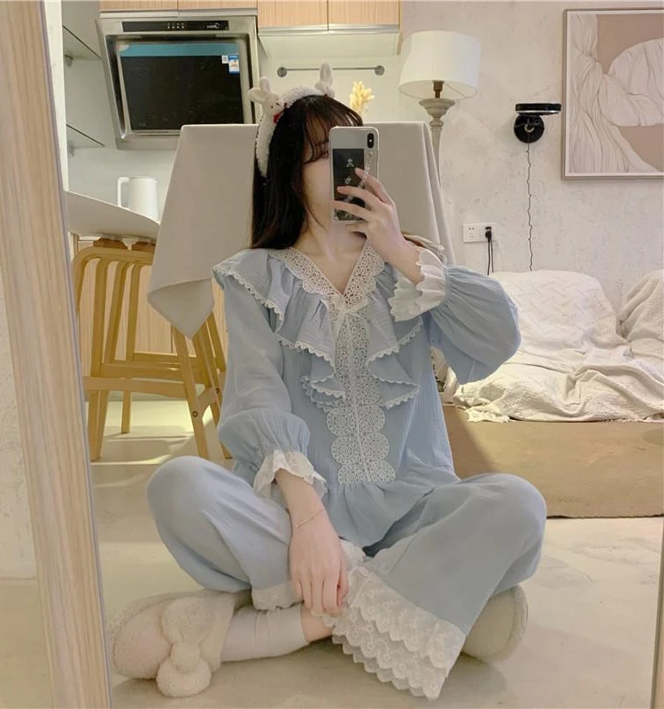 

Large Size 300 Pounds Long Sleeve Lace Patchwork Sleepwear Set Women's Spring Autumn Cute Sweet Home Clothes Two Piece Set