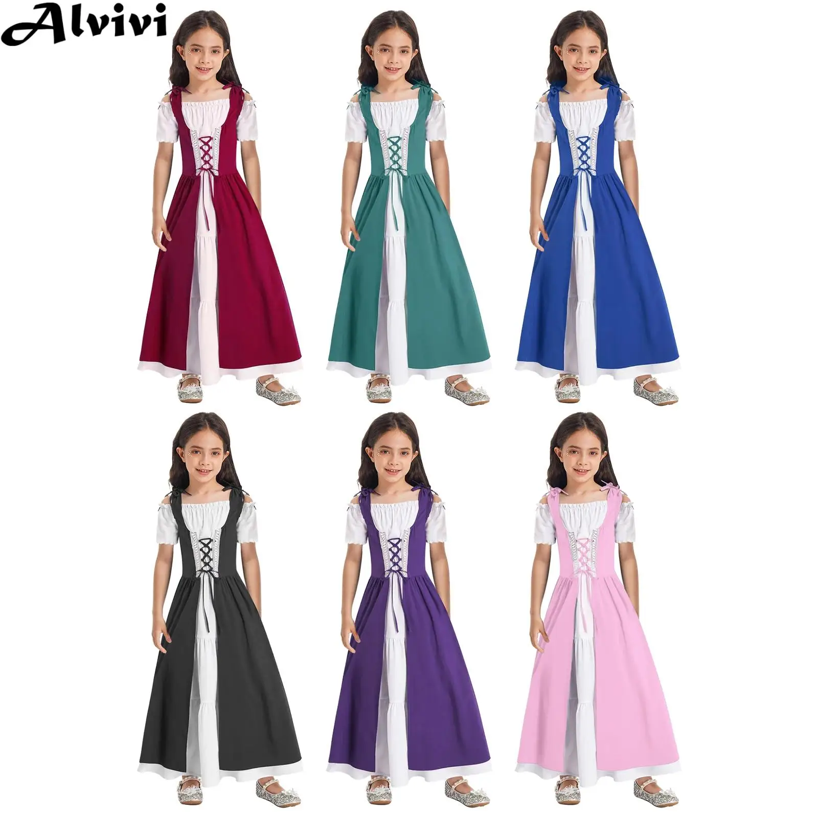 

Girls Short Sleeve Lace-up Princess Dress Gown Halloween Theme Party Victorian Medieval Renaissance Cosplay Performance Costume