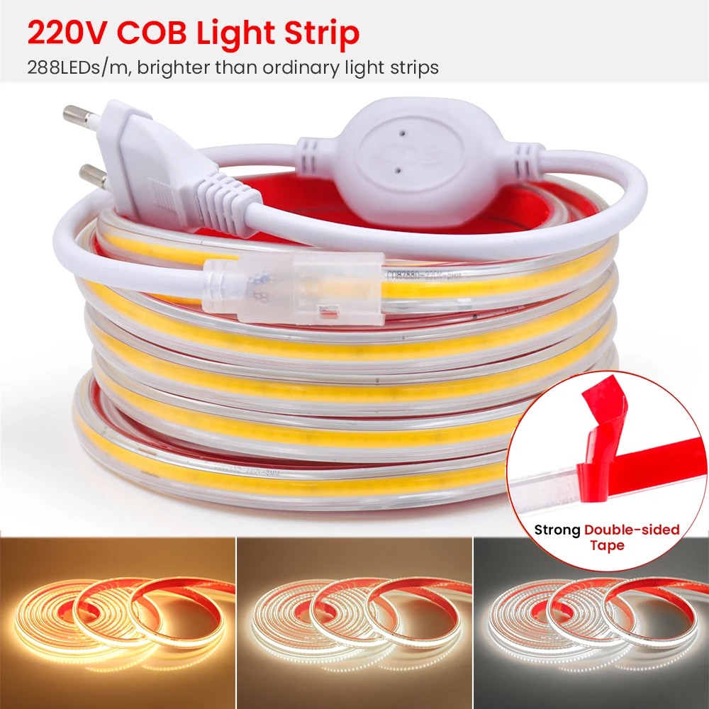 

Водонепроницаемая лента COB 220 В переменного тока, штепсельная вилка европейского и британского стандарта, 288 светодиодов/м, RA85, 3000K, 4000K, 6000K, гибкая лента, шнур для освещения, для украшения дома и сада