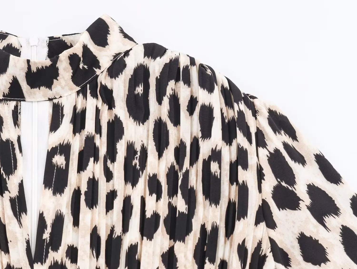 New Vintage Leopard Dot Print Long Puff Sleeve Chiffon Dress Woman Pleated Front Slim High Waist Ankle length Dresses Vestidos