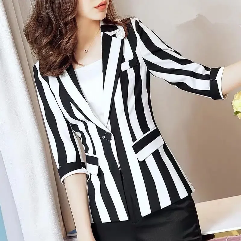 Vintage Indie Striped Blazer Suit Women Long Sleeve Double Breasted Suit 2023 Woman Commute Casual Jacket Blazer Plus Size Coat