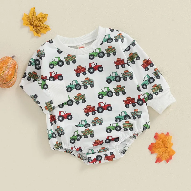 

Newborn Baby Boy Sweatshirt Bodysuit Autumn Clothes Cartoon Tractor & Pumpkin Print Round Neck Long Sleeve Jumpsuit