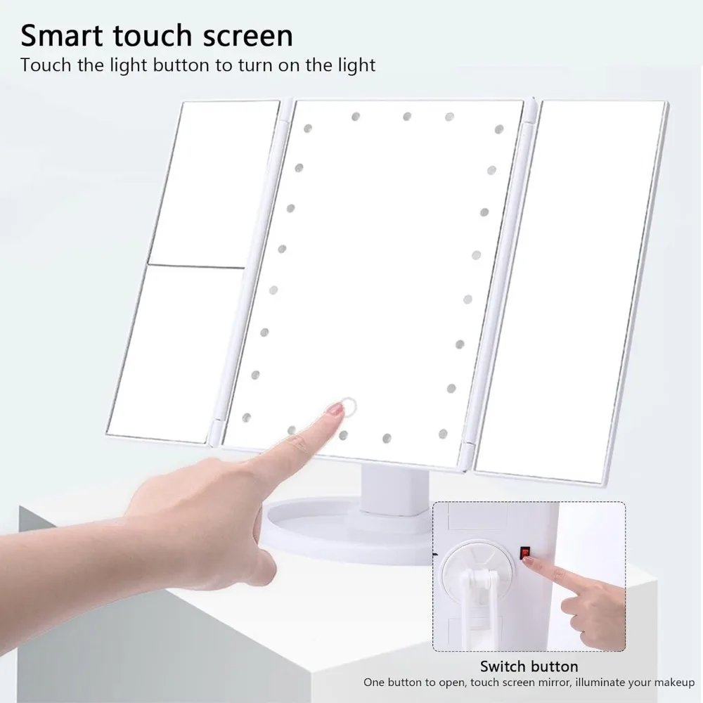 Miroir de maquillage de vanité LED avec commande tactile, éclairage réglable 1X, 2X, grossissement 3X, conception à trois volets, cadeau idéal pour les femmes