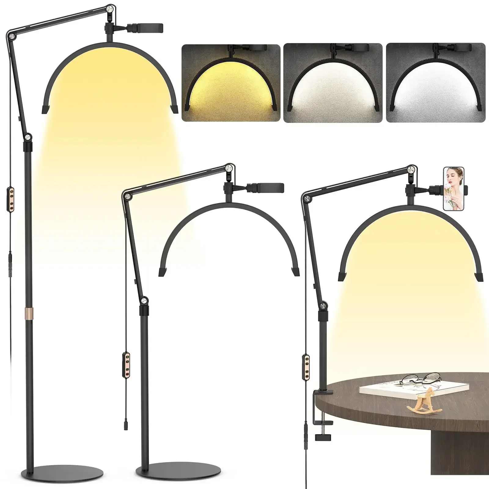 Luz de media luna 2 en 1 de 16 pulgadas y 20W, lámpara de pie plegable para pestañas, luz de esteticista con Clip de escritorio, tatuaje de cejas, salón de belleza