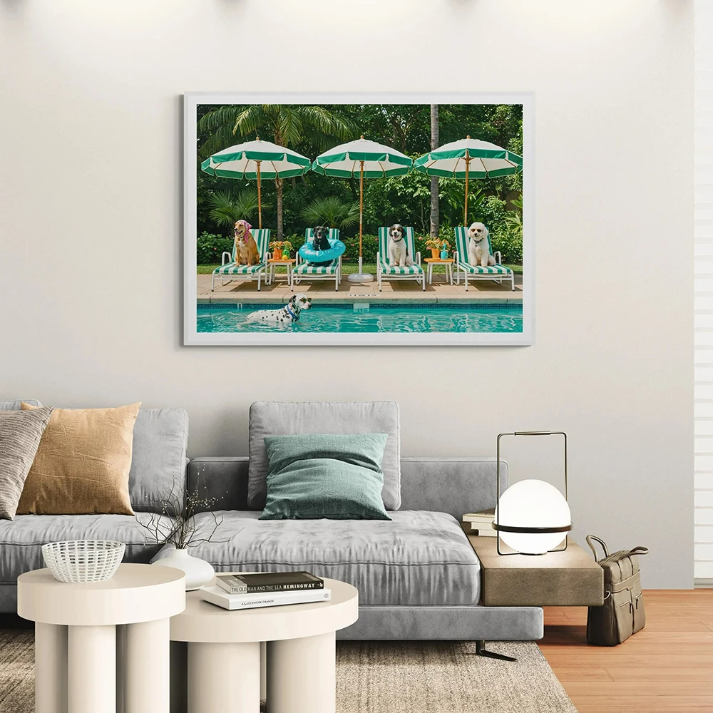 Dogs by Pool Print Retro Poolside Dogs Wall Art Canvas Luxury Beach House Decor Photography Poster Tropical Wall Decor Murals