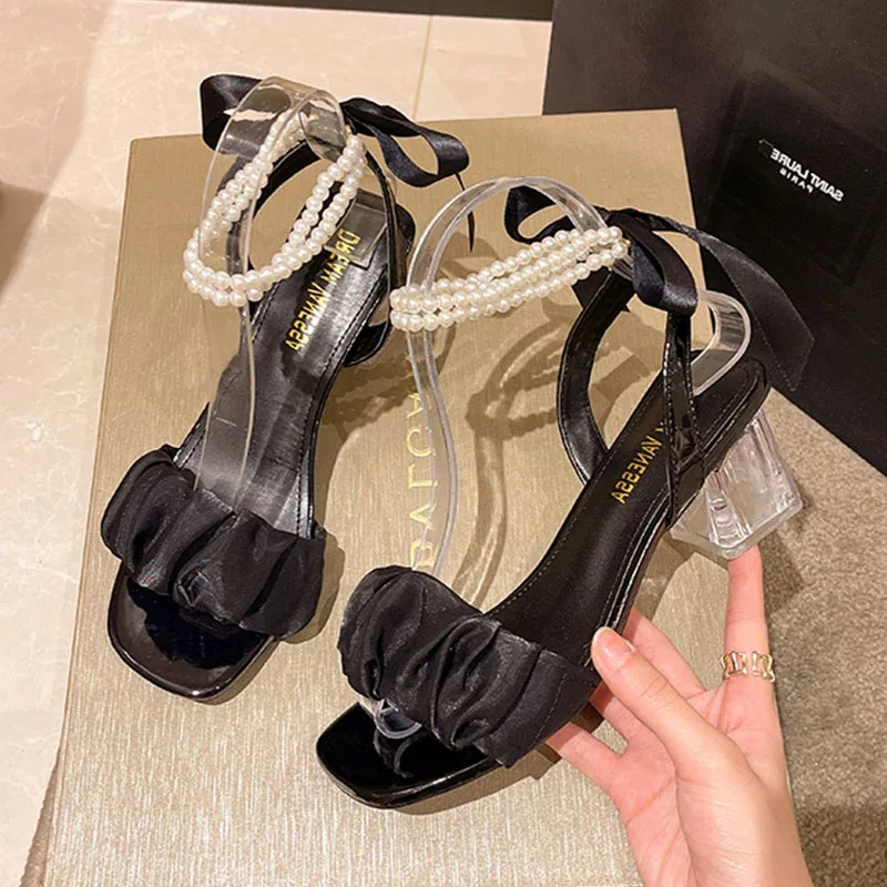 New Sandals Women 2024 Fashion Open Toed Heels Women Pearl Lace Up Women Shoes Party Wedding Chunky Heels Pumps Crystal heels