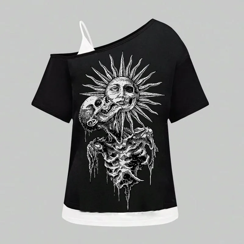 

2025 New Fake Two Piece Printed Sunflower Skull Creative Pattern Slanted Shoulder T-shirt Punk Gothic Y2K