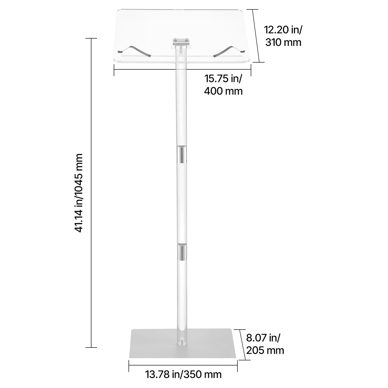 Podium Stand, 43-Inch Acrylic Lectern, Portable Laptop Desk with Wide Reading Surface, Book Clips, Adjustable Angle, Floor-Standing, for Classroom, Wedding, Conference, Lecture and Concert