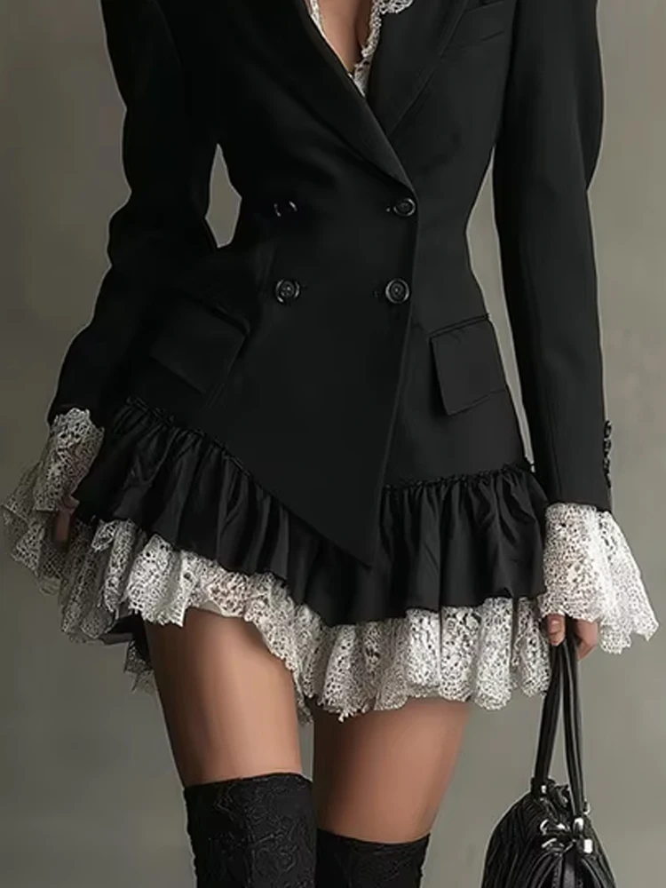 

Elegant Lace Patchwork Color Block Blazer Dress Women Fashion Double breasted Waist A-Line Dress Casual Long Sleeve Mini Dress