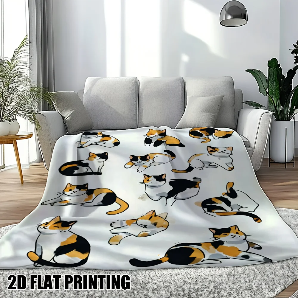 Calico Cats Print Flannel Blanket - All-Season Soft Warm Machine Washable Home Office Travel Decor