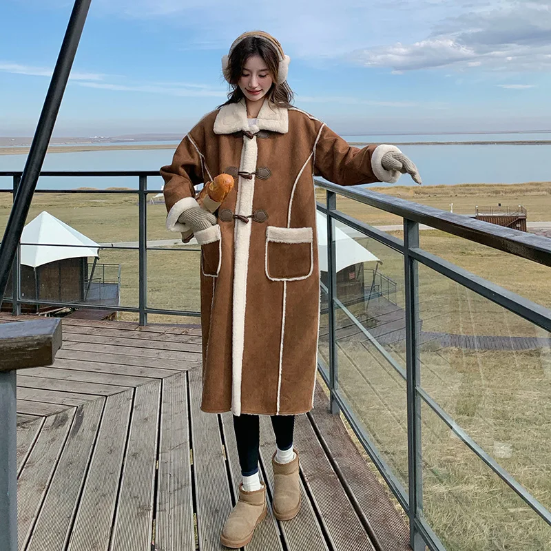 Bruine lange lamsbontjas voor dames, wintereditie 2025, losse en dikke suède katoenen jas Windbreaker mode-top