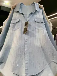Luxury Style Blingbling Sequins Pocket Denim Cardigan Tops For Women's Oversized Fashion Spring Denim Shirts Blouses