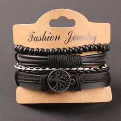 Accessori in lega albero della vita Set di quattro combinazioni bracciale da uomo in pelle perline di legno ornamento in pelle intrecciata a mano