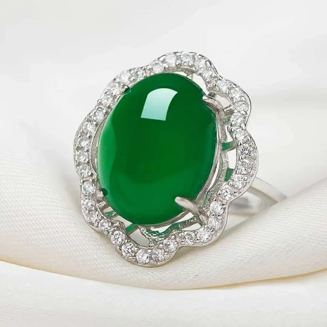 Natural Green Jade Mosaic Zircon Ring 925 Silver Jadeite Chalcedony Amulet Fashion Charm Jewelry Gifts for Women Her