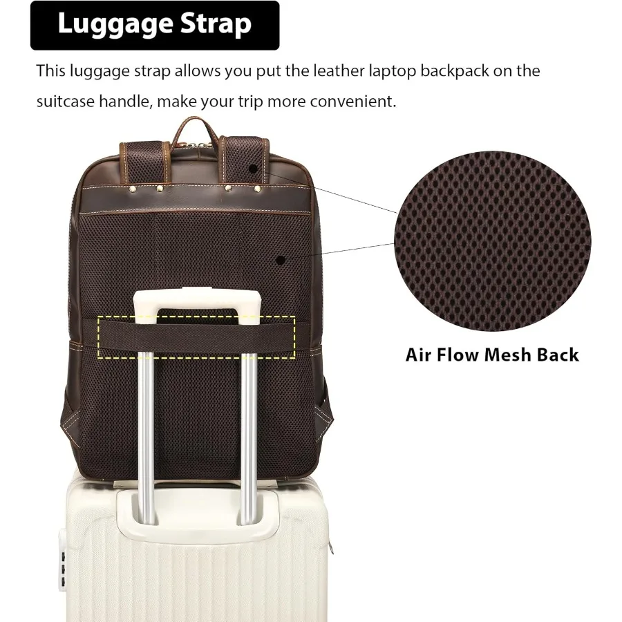 حقيبة ظهر من الجلد المحبب بالكامل من LANNSYNE للرجال مقاس 17 بوصة حقيبة ظهر للكمبيوتر المحمول كاجوال للعمل في الهواء الطلق حقيبة ظهر للسفر بسحابات YKK