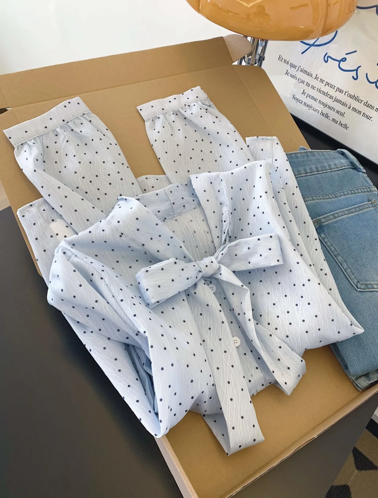 Light Blue Tiny Black Polka Dot Bow Tie Neck Long Sleeve Blouse Women Wrinkle Textured Chiffon Puff Cuff Elegant Office Shirt - view 6