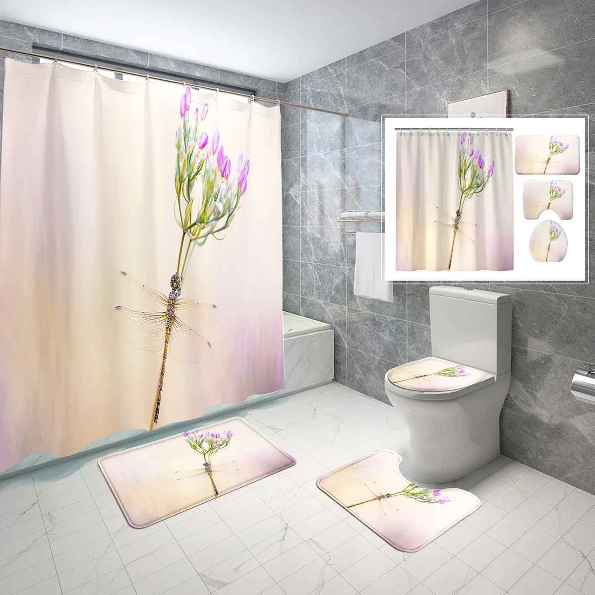 4 Piece Dragonfly Shower Curtain Sets Ornate Wings Insects with Non-Slip Rugs Toilet Lid Cover and Waterproof Shower Curtain Set