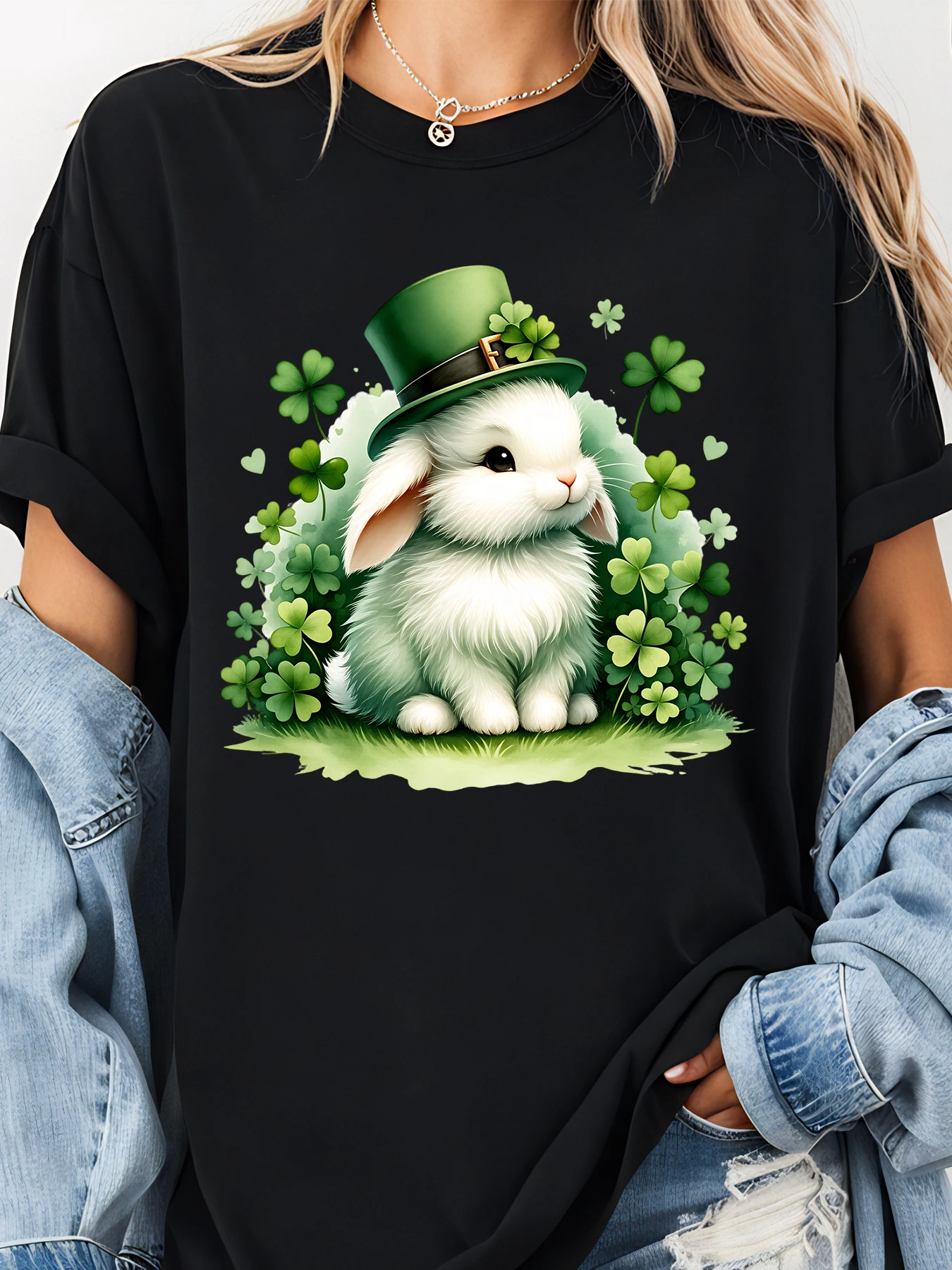 

St Patrick Day Bunny With Green Hat And Clover Print Shirt Women Casual Streetwear Fashion Top