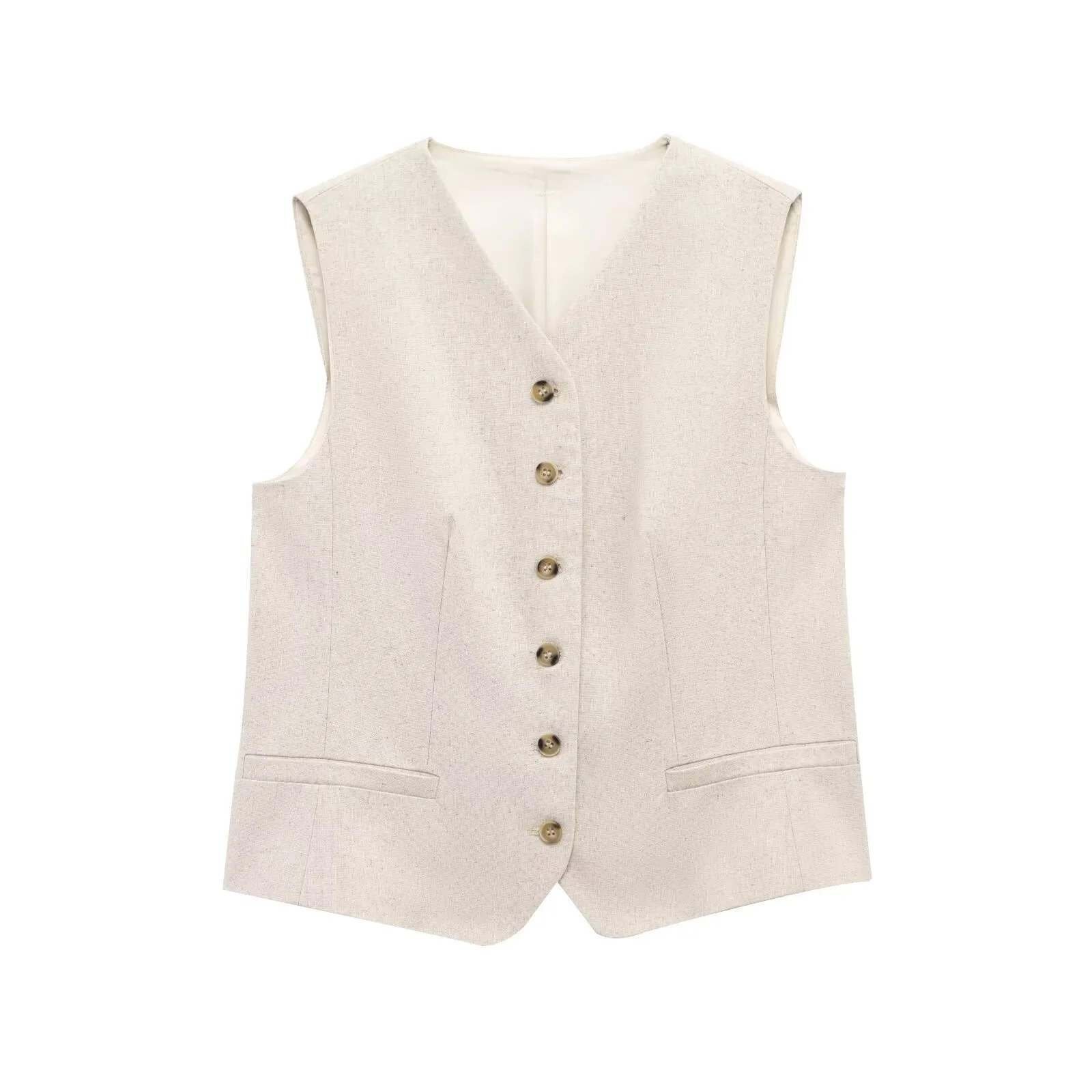 

Taop&Za 2025 Womens Sleeveless V - neck Button - front Vest with Six - button Closure and Flap Pocket Detail
