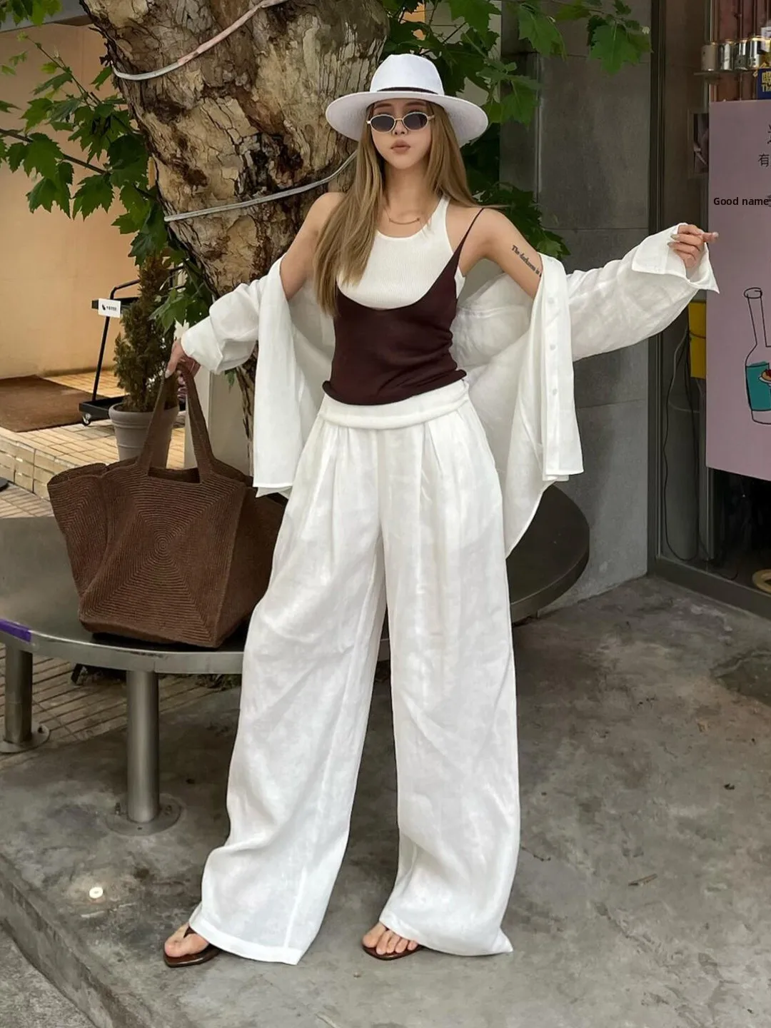 Women's Linen Shirt Set Loose Fit Layering Cardigan Long Pants Two-Piece Suit Casual Style Mid-Length Sleeve Button-Up Top