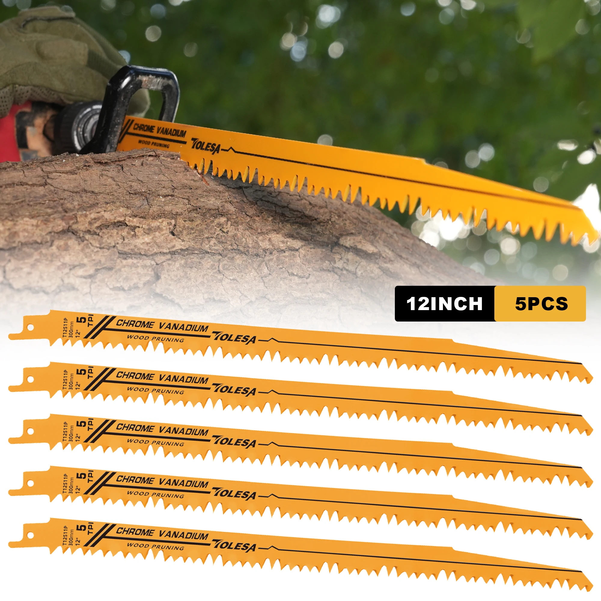 TOLESA CR-V 12 Inch Reciprocating Saw Blades 5 TPI, 5PCS Wood Pruning Sawzall Blades for Tree Trimming Cutting, Wood Cutting