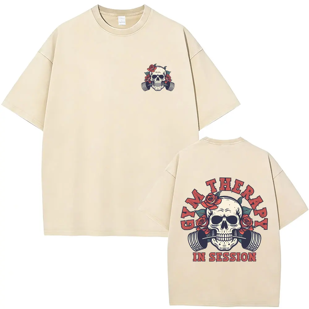 

Gym Therapy in Session Skeleton Vintage Washed T Shirt Men Women Gym Fitness Casual Cotton T-shirt Male Retro Oversized T-shirts