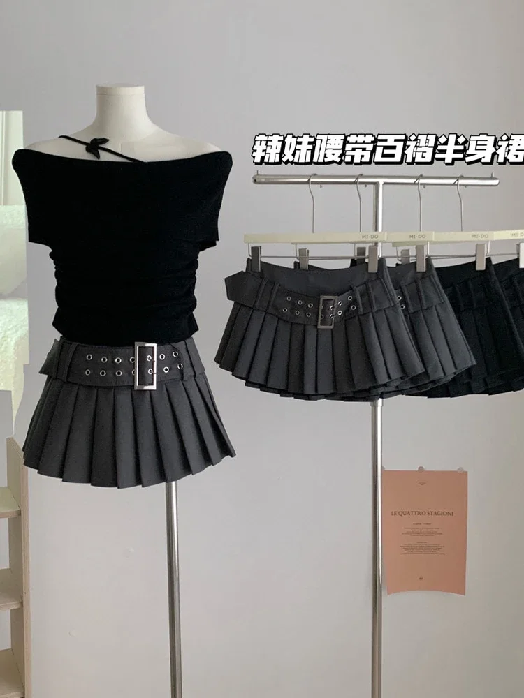 

Summer Women JK Japanese Fashion Preppy Style Mini Pleated Skirts With Belt Y2k Streetwear Harajuku 2000s Gyaru Korean Cute core